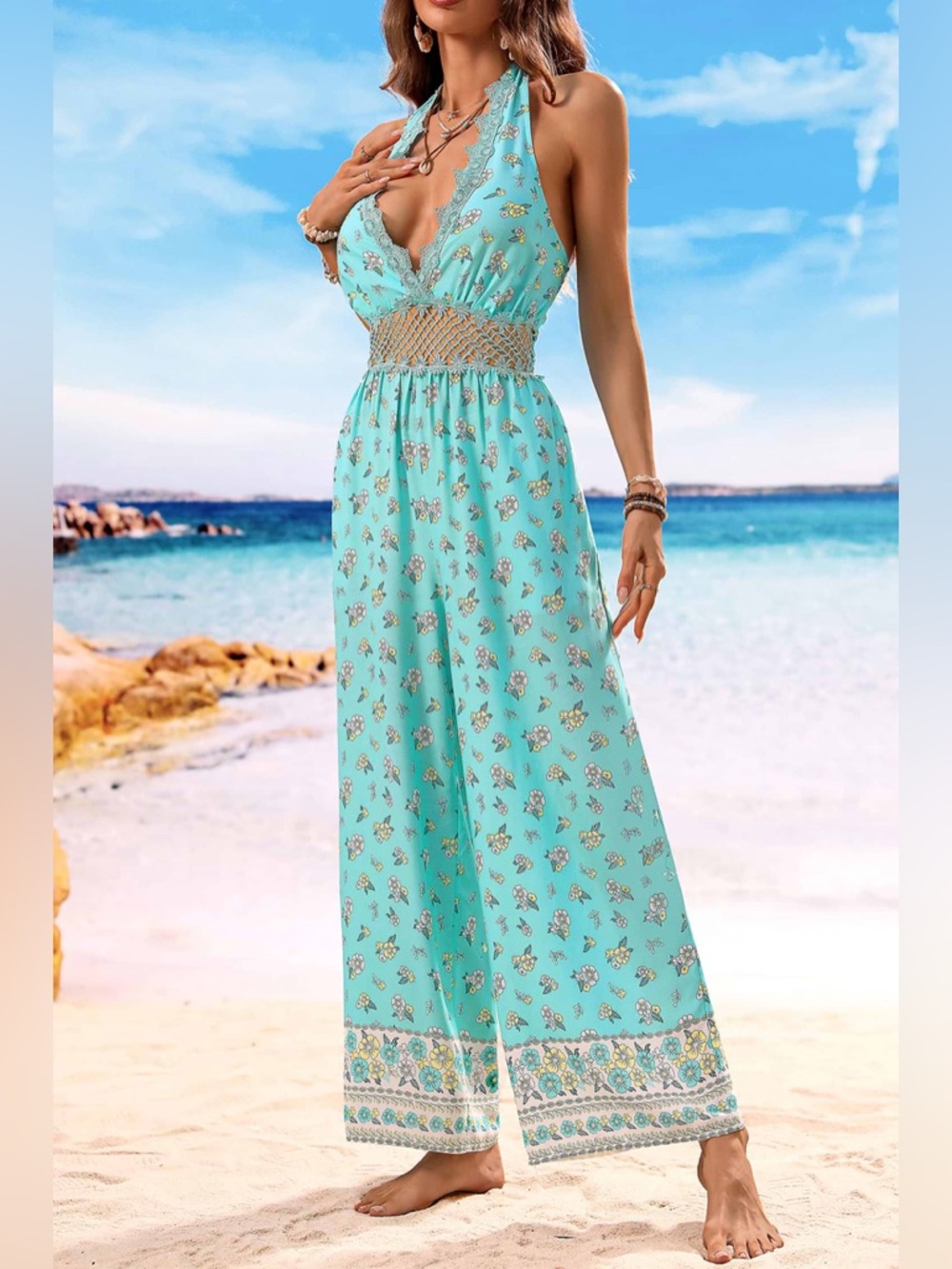 Cupshe Aqua Halter Wide-Leg Jumpsuit with Floral Print